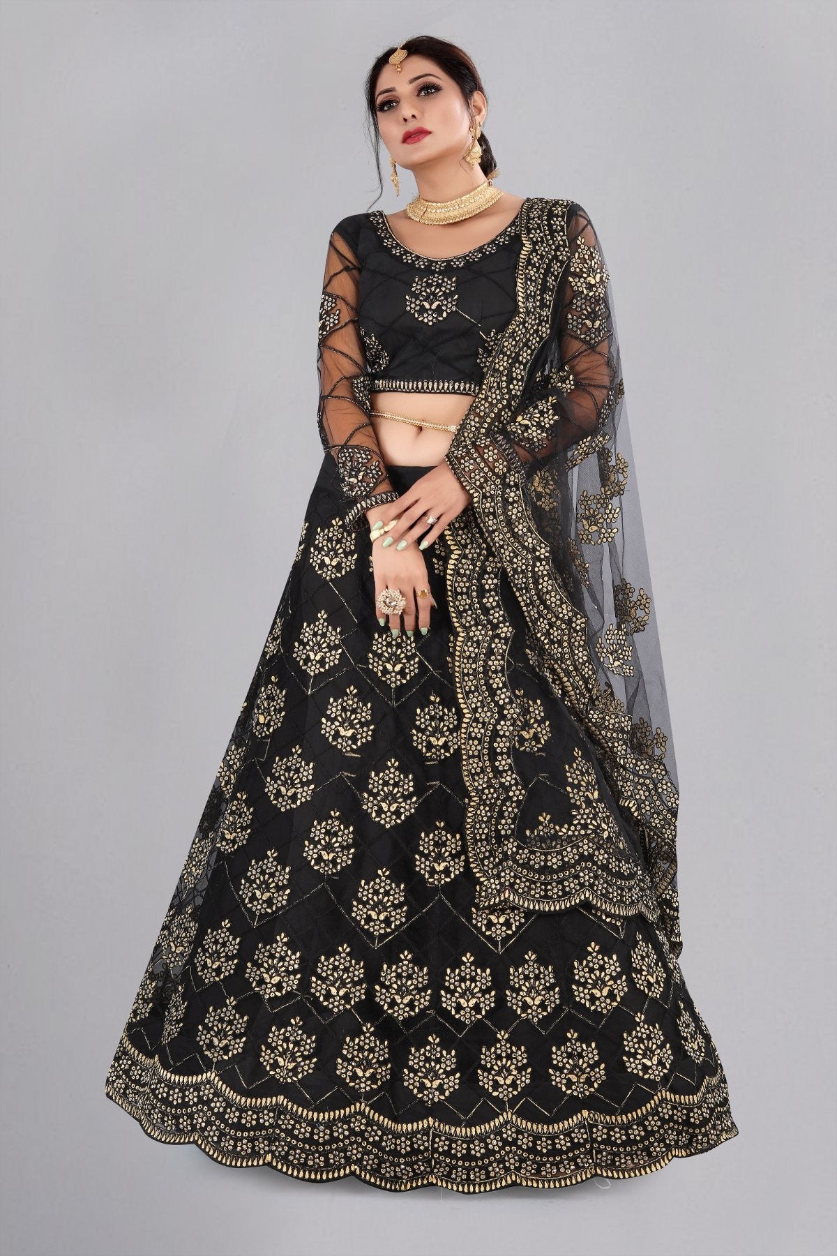Jyoti Fashion Women's Black Net Thread Embroidered Designer Lehenga Choli Set - Distacart