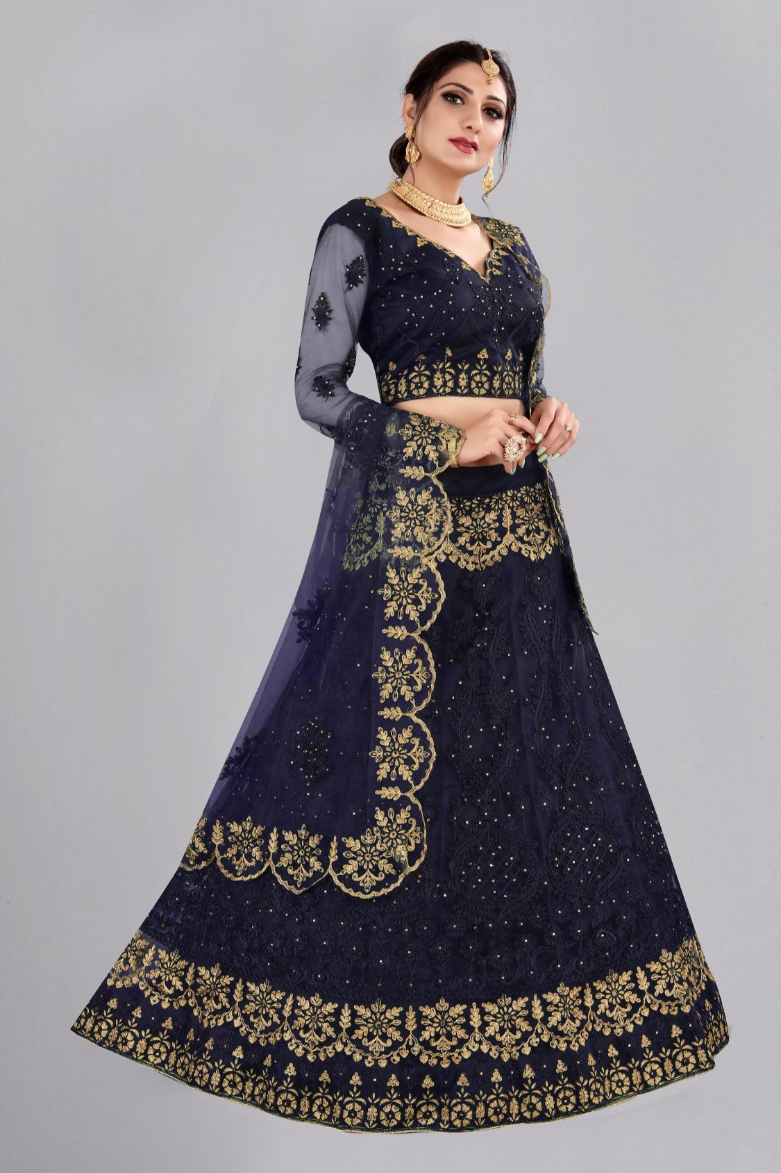 Jyoti Fashion Women's Navy Blue Net Thread Embroidered Designer Lehenga Choli Set - Distacart