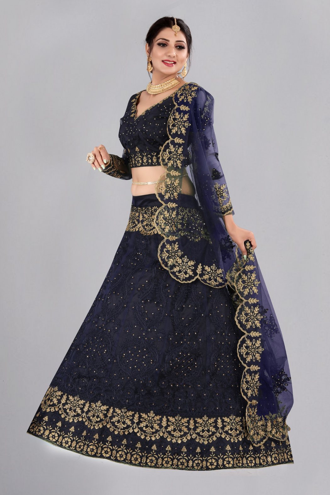 Jyoti Fashion Women's Navy Blue Net Thread Embroidered Designer Lehenga Choli Set - Distacart