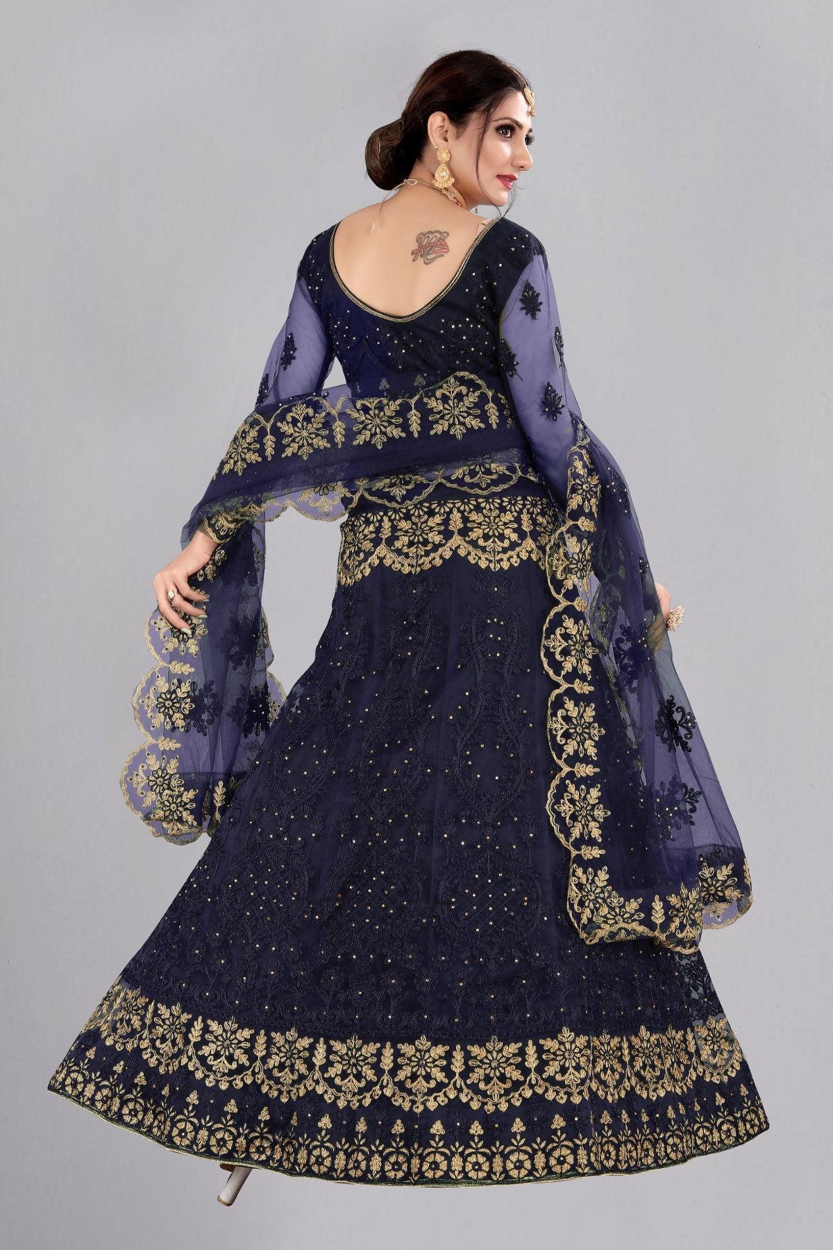 Jyoti Fashion Women's Navy Blue Net Thread Embroidered Designer Lehenga Choli Set - Distacart