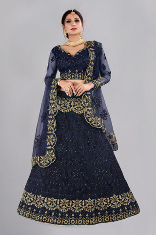 Jyoti Fashion Women's Navy Blue Net Thread Embroidered Designer Lehenga Choli Set - Distacart