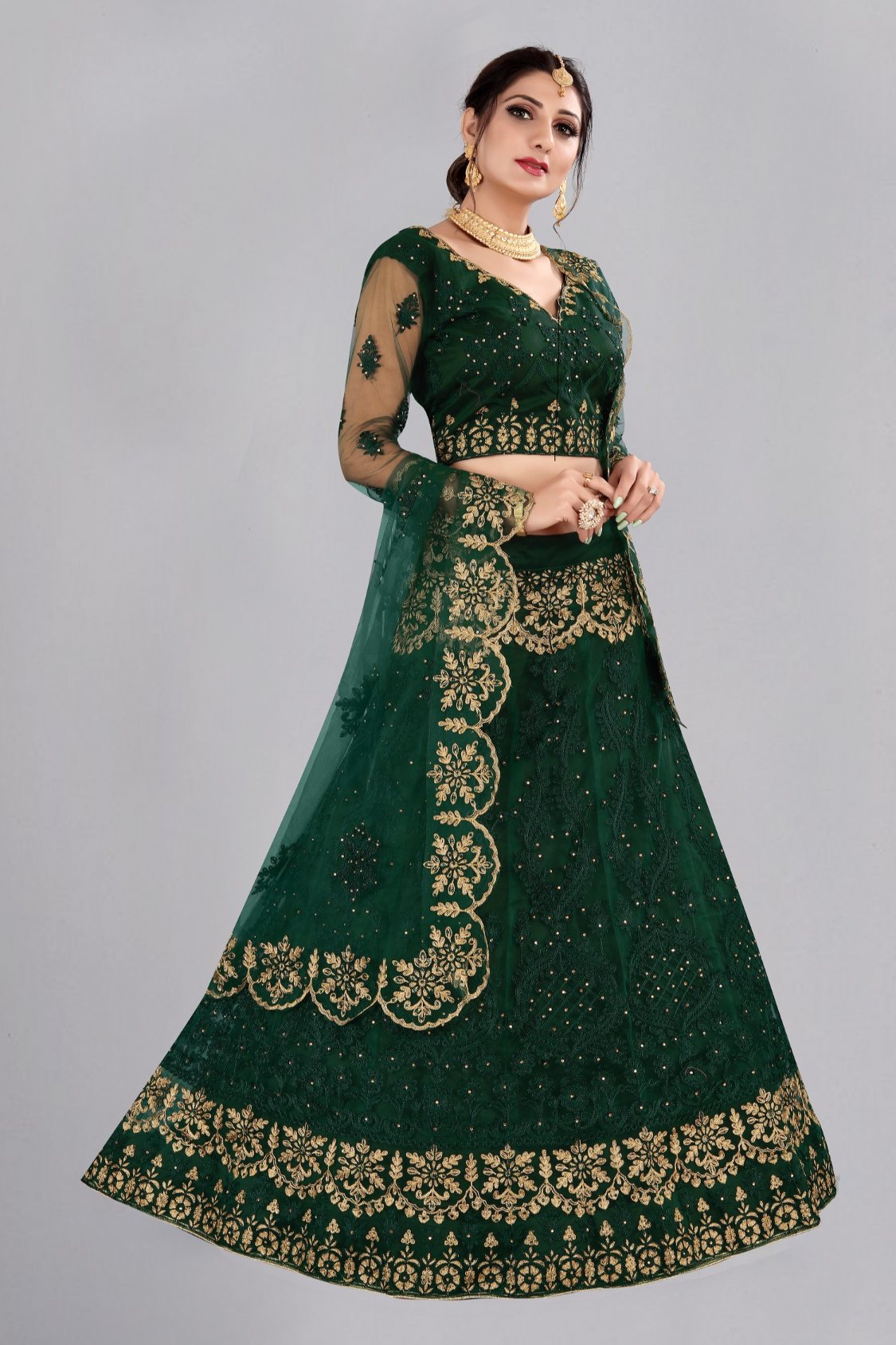 Jyoti Fashion Women's Dark Green Net Thread Embroidered Designer Lehenga Choli Set - Distacart