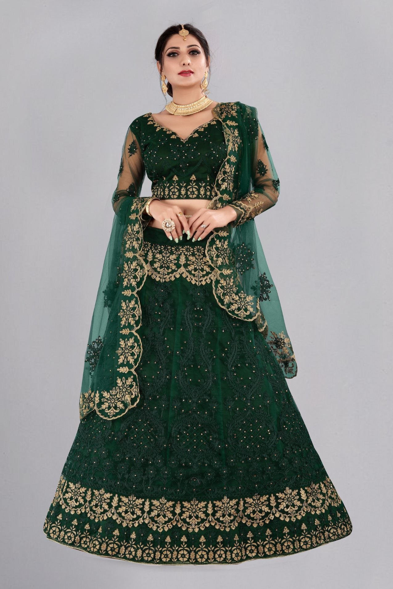 Jyoti Fashion Women's Dark Green Net Thread Embroidered Designer Lehenga Choli Set - Distacart