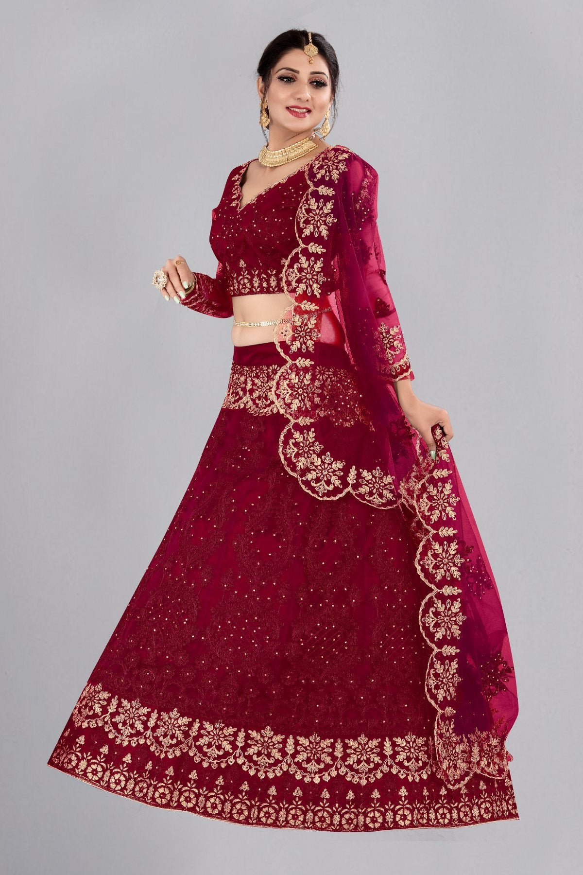 Jyoti Fashion Women's Maroon Net Thread Embroidered Designer Lehenga Choli Set - Distacart