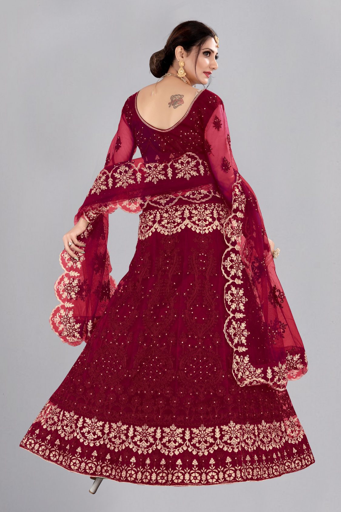 Jyoti Fashion Women's Maroon Net Thread Embroidered Designer Lehenga Choli Set - Distacart