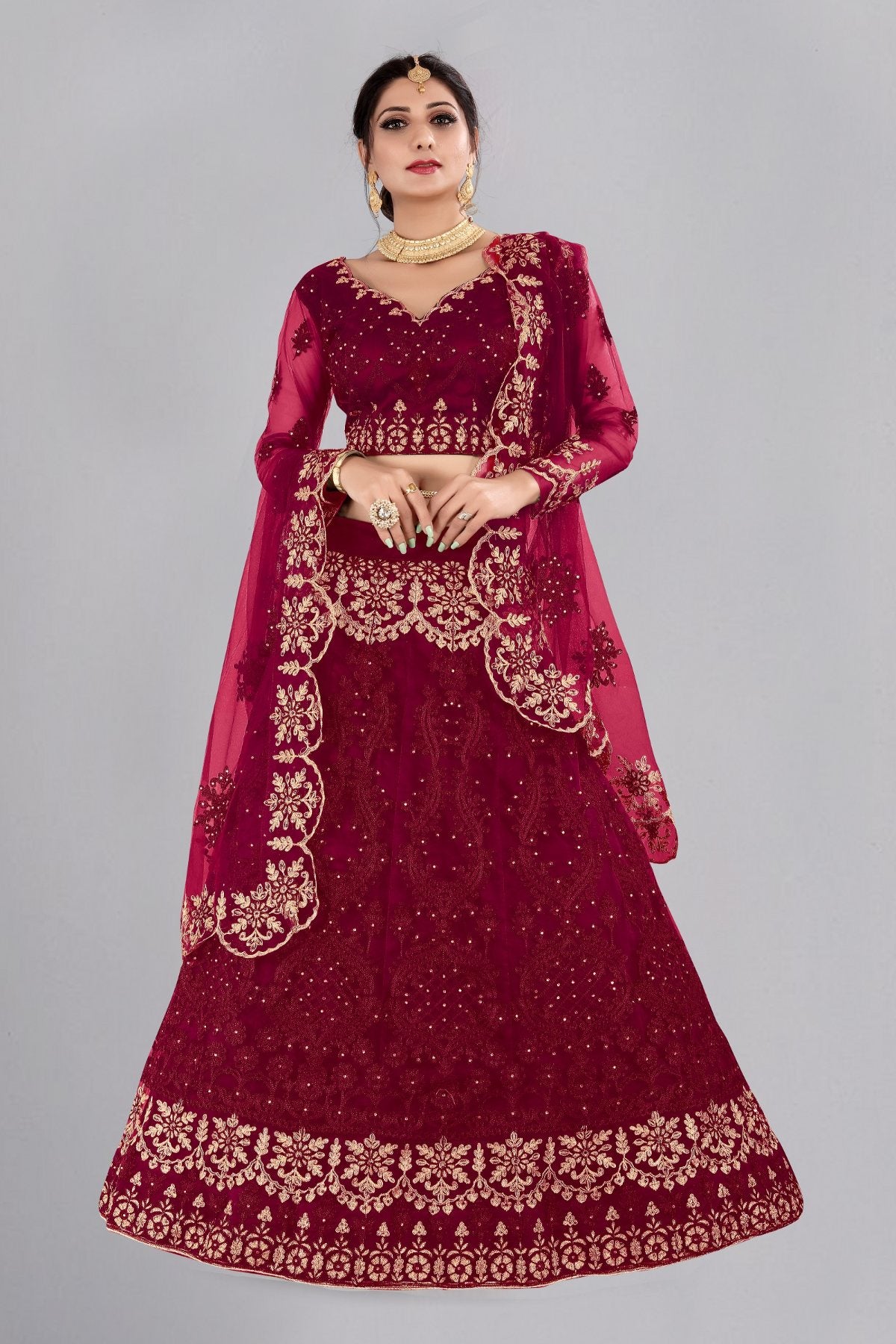 Jyoti Fashion Women's Maroon Net Thread Embroidered Designer Lehenga Choli Set - Distacart