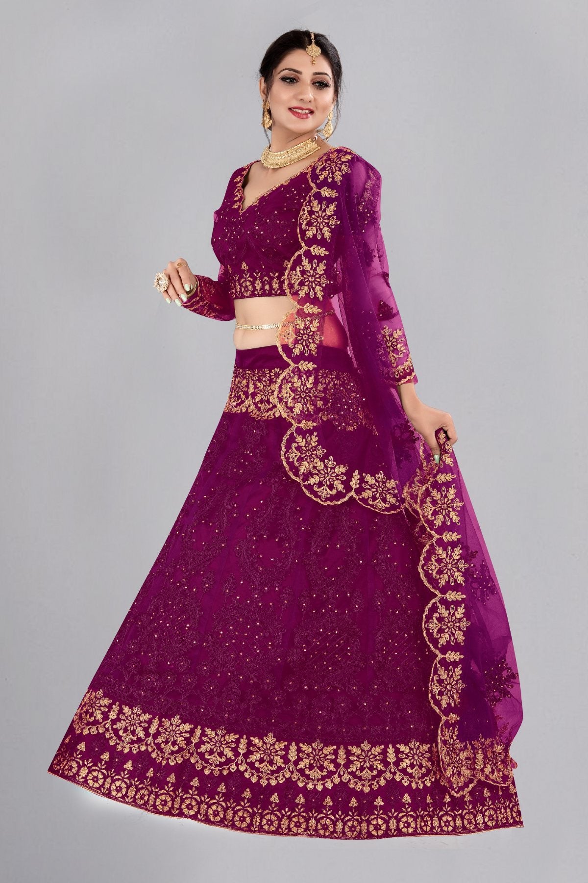 Jyoti Fashion Women's Purple Net Thread Embroidered Designer Lehenga Choli Set - Distacart