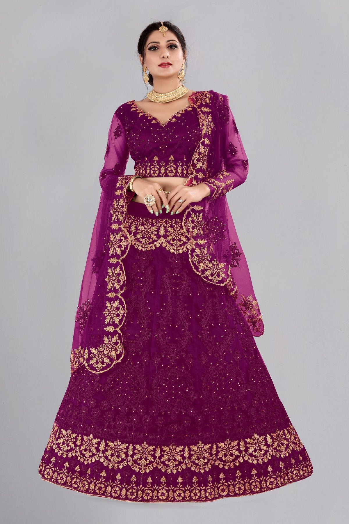 Jyoti Fashion Women's Purple Net Thread Embroidered Designer Lehenga Choli Set - Distacart