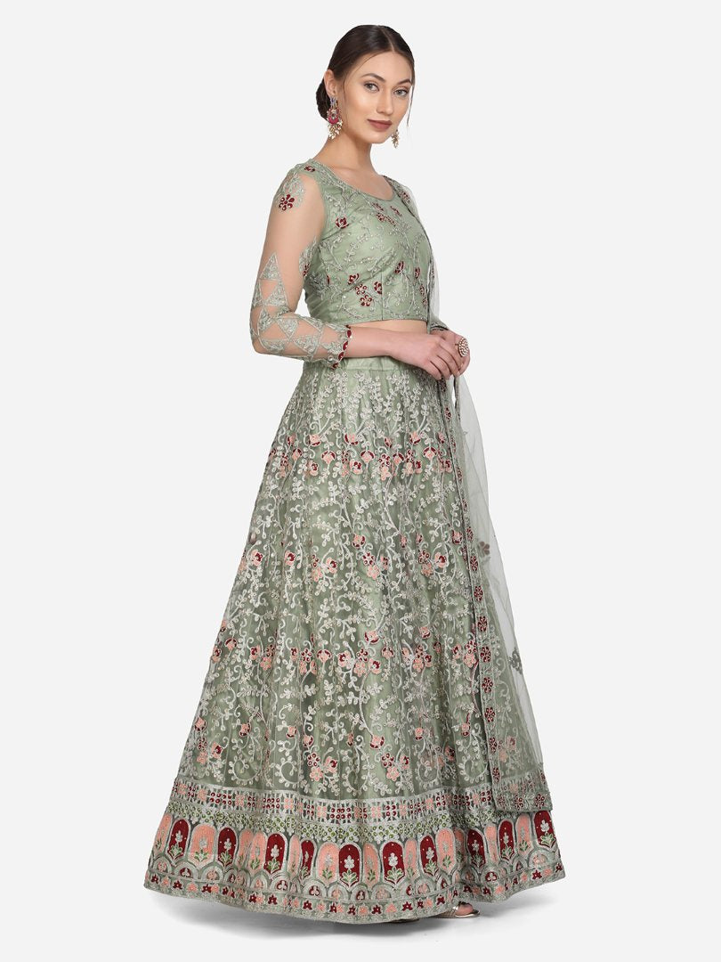 Jyoti Fashion Women's Light Green Net Thread Embroidered Designer Lehenga Choli Set - Distacart