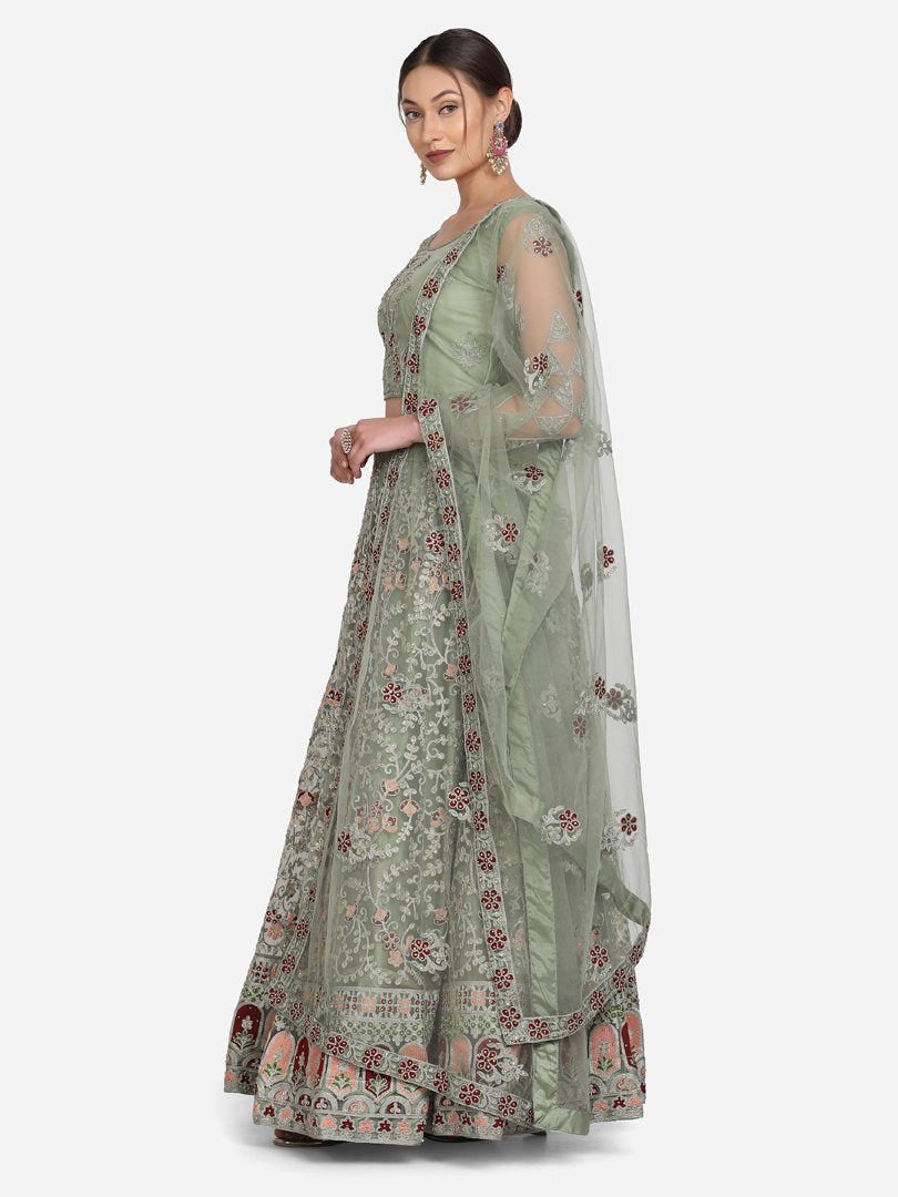 Jyoti Fashion Women's Light Green Net Thread Embroidered Designer Lehenga Choli Set - Distacart