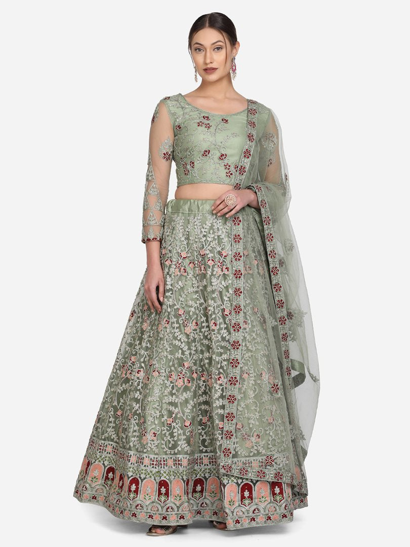 Jyoti Fashion Women's Light Green Net Thread Embroidered Designer Lehenga Choli Set - Distacart