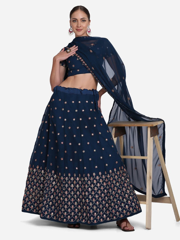 Jyoti Fashion Women's Navy Blue Georgette Thread Embroidered Lehenga Choli with Dupatta - Distacart