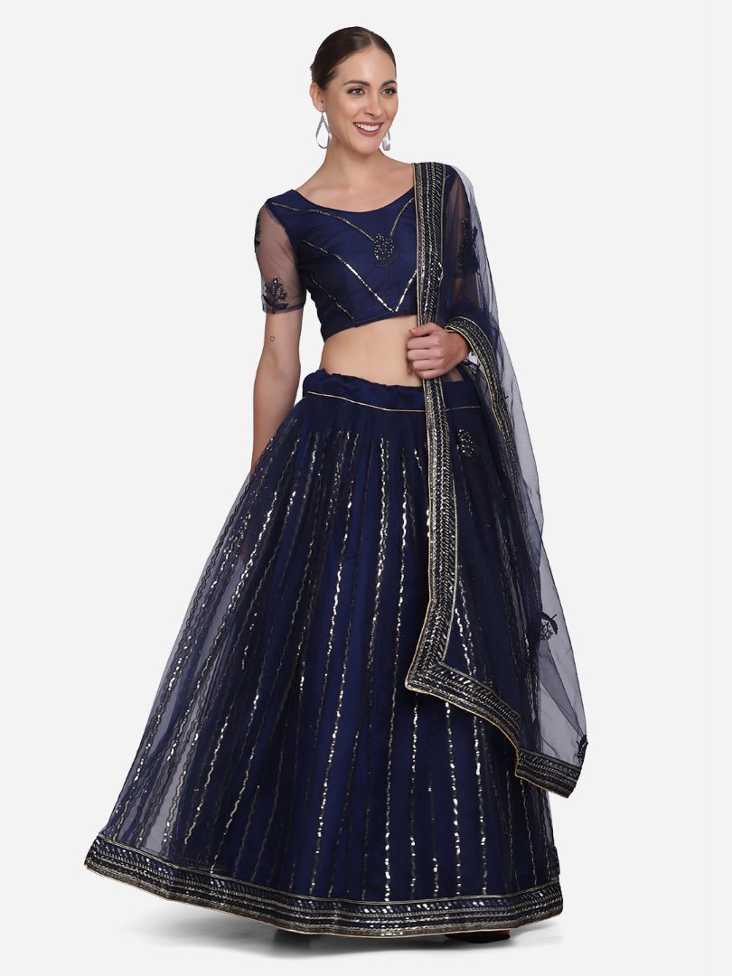 Jyoti Fashion Women's Navy Blue Net Sequins Embroidered Lehenga Choli with Dupatta - Distacart
