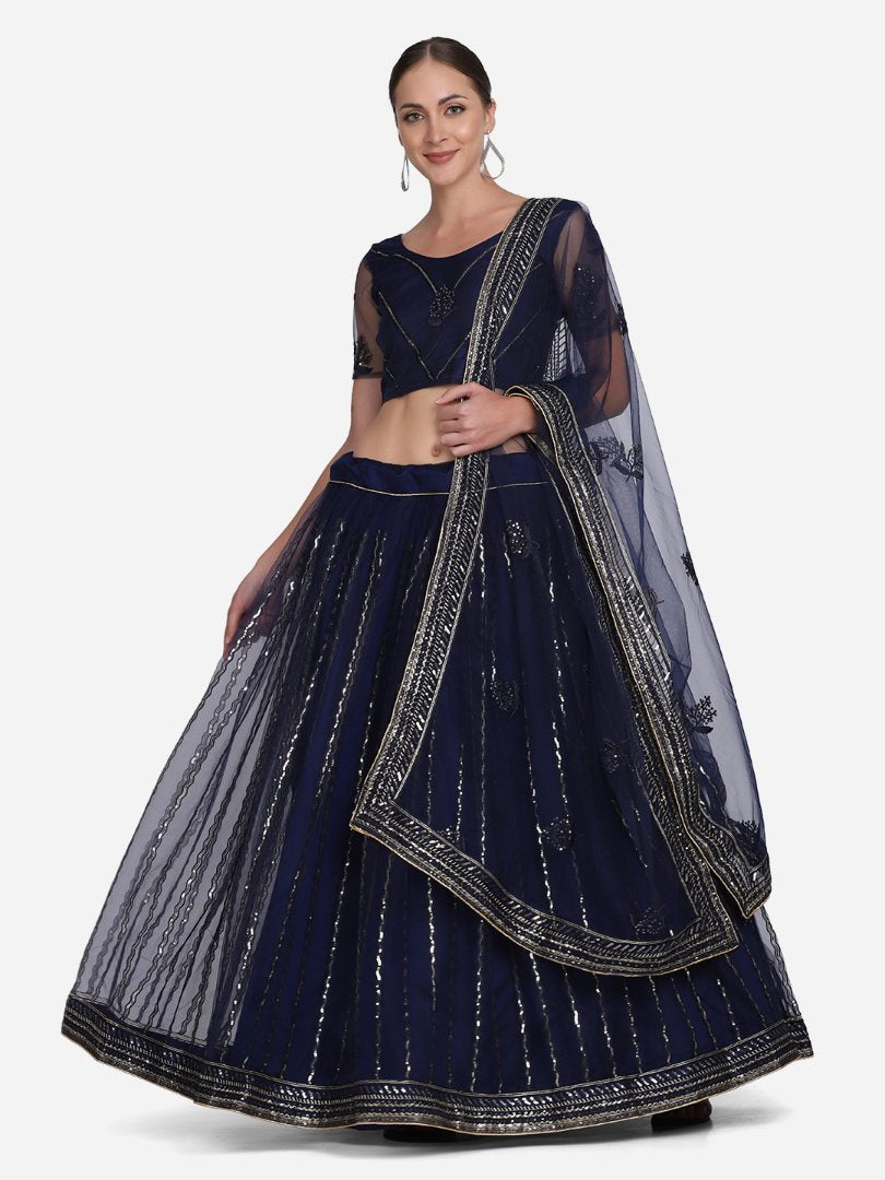 Jyoti Fashion Women's Navy Blue Net Sequins Embroidered Lehenga Choli with Dupatta - Distacart