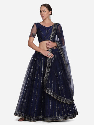 Jyoti Fashion Women's Navy Blue Net Sequins Embroidered Lehenga Choli with Dupatta - Distacart
