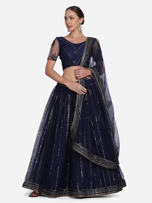 Jyoti Fashion Women's Navy Blue Net Sequins Embroidered Lehenga Choli with Dupatta - Distacart