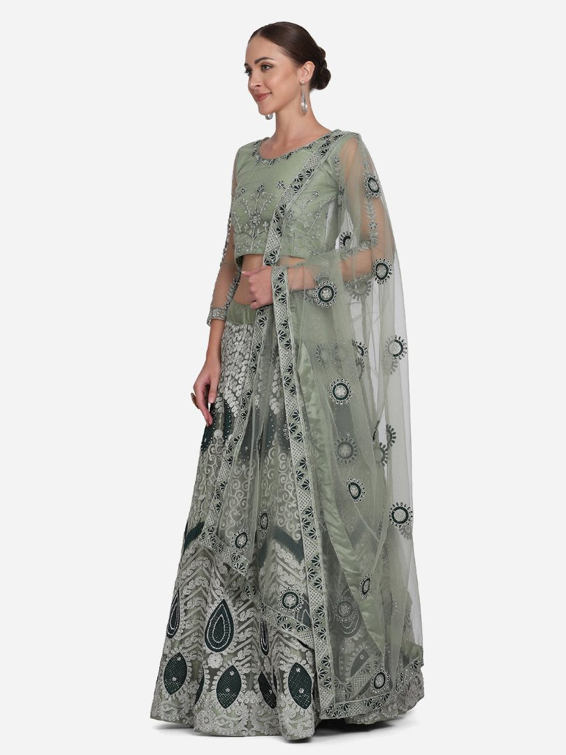 Jyoti Fashion Women's Sea Green Net Thread Embroidered Lehenga Choli with Dupatta - Distacart