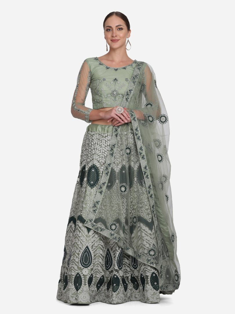 Jyoti Fashion Women's Sea Green Net Thread Embroidered Lehenga Choli with Dupatta - Distacart