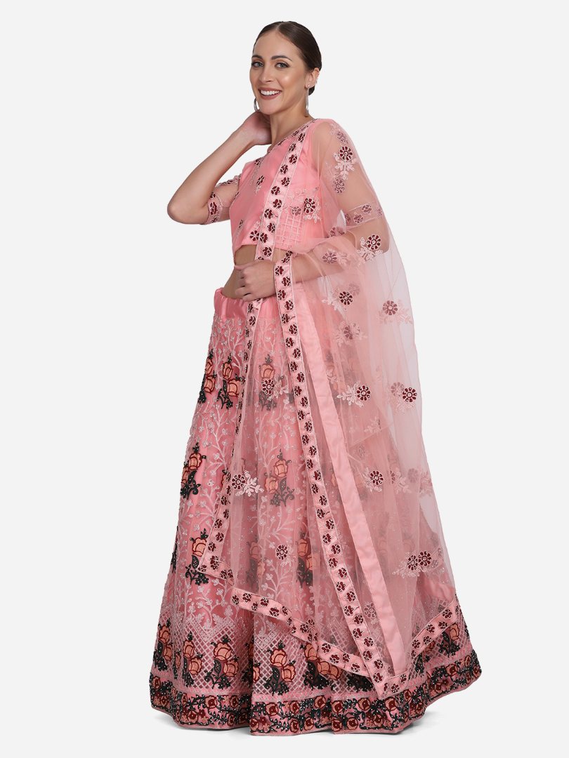 Jyoti Fashion Women's Baby Pink Net Thread Embroidered Lehenga Choli with Dupatta - Distacart