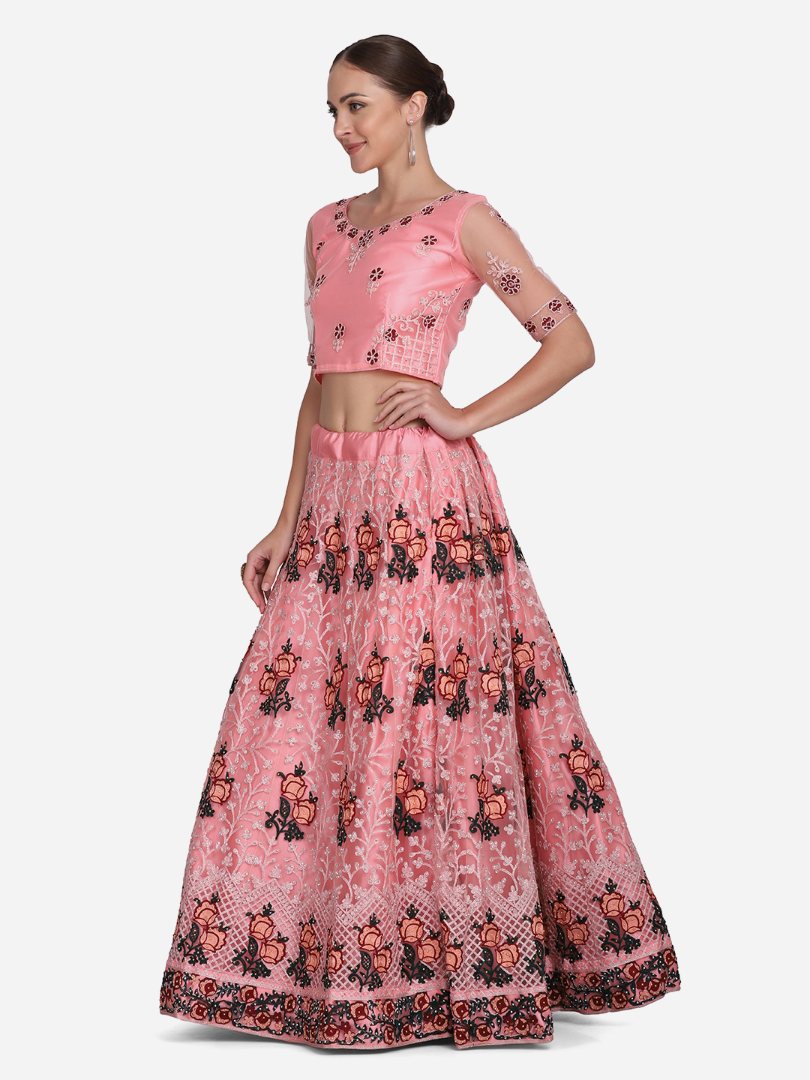 Jyoti Fashion Women's Baby Pink Net Thread Embroidered Lehenga Choli with Dupatta - Distacart