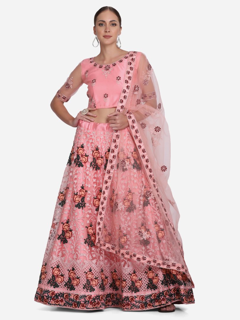 Jyoti Fashion Women's Baby Pink Net Thread Embroidered Lehenga Choli with Dupatta - Distacart