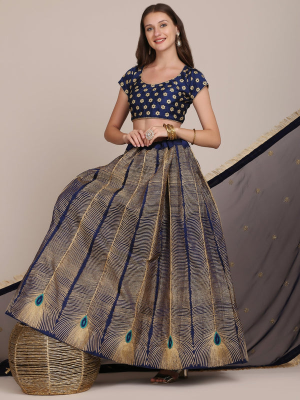Jyoti Fashion Women's Navy Blue Taffeta Silk Thread Embroidered Lehenga Choli with Dupatta - Distacart
