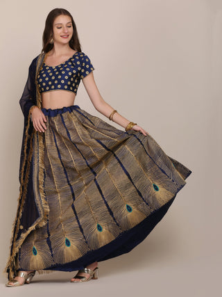 Jyoti Fashion Women's Navy Blue Taffeta Silk Thread Embroidered Lehenga Choli with Dupatta - Distacart