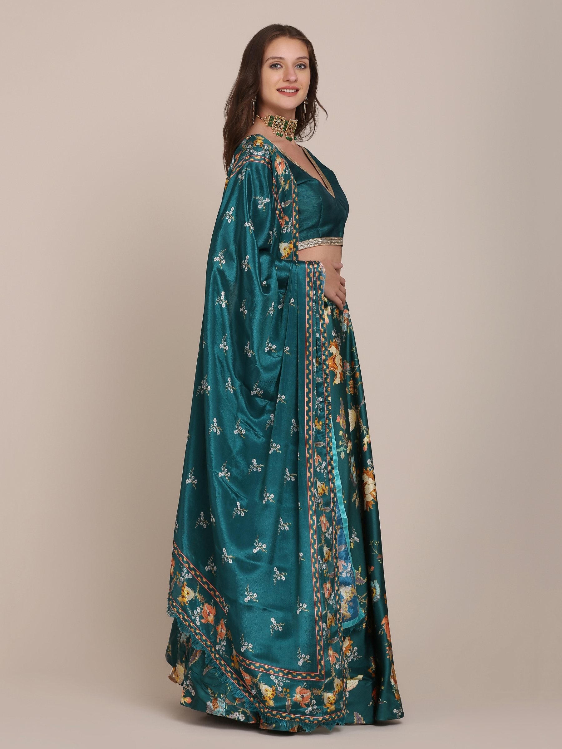 Jyoti Fashion Women's Teal Chinon Floral Printed Lehenga Choli with Dupatta - Distacart
