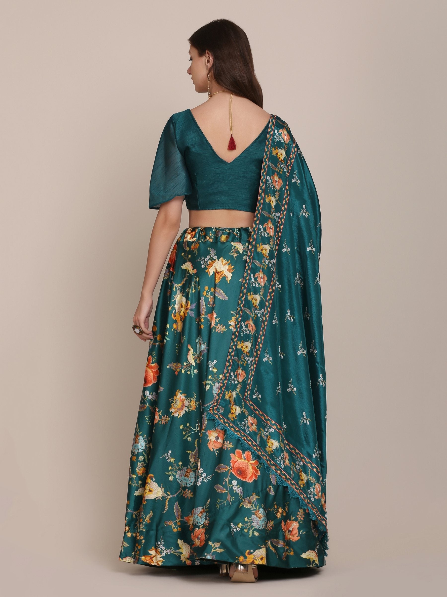 Jyoti Fashion Women's Teal Chinon Floral Printed Lehenga Choli with Dupatta - Distacart