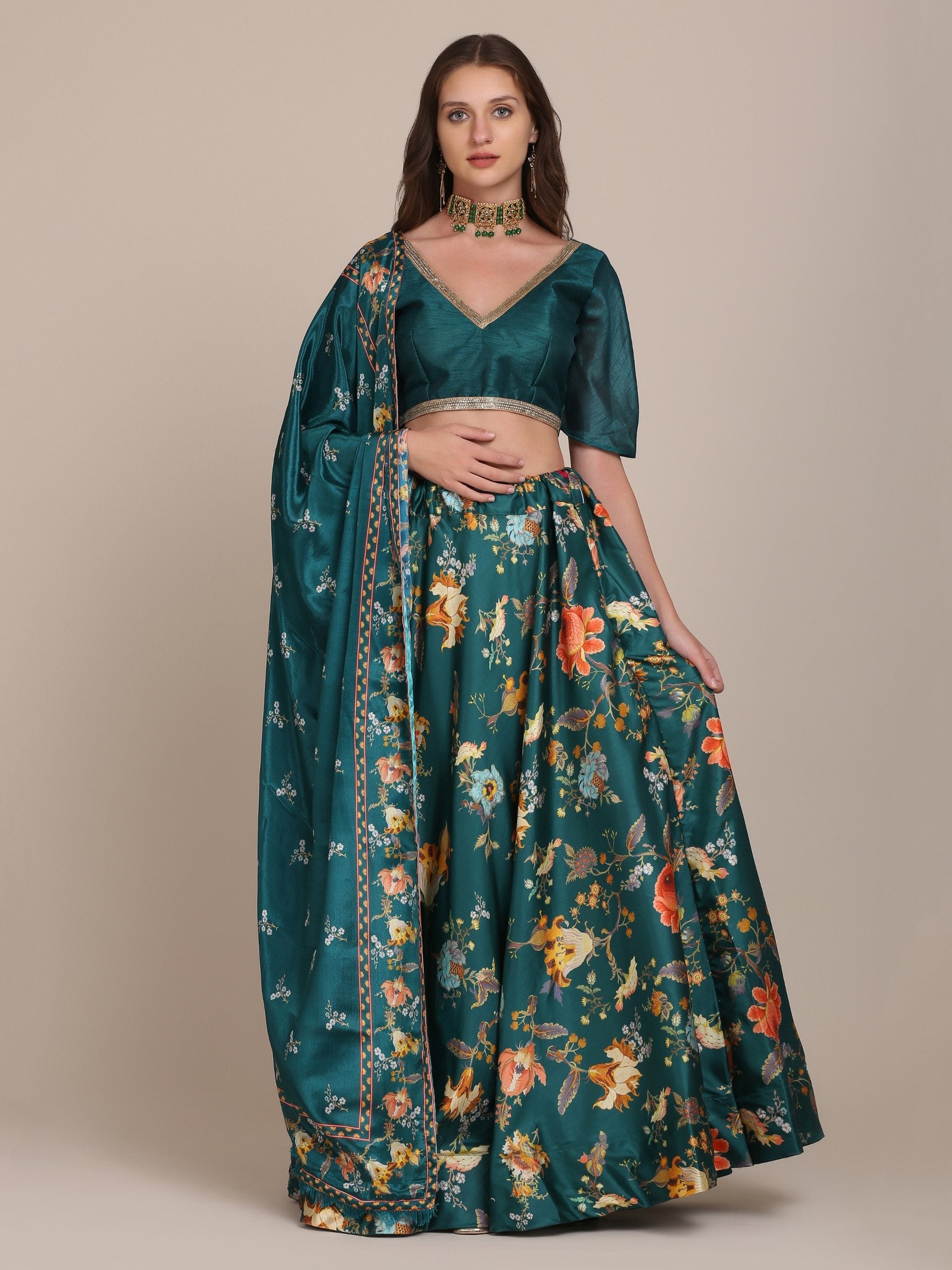 Jyoti Fashion Women's Teal Chinon Floral Printed Lehenga Choli with Dupatta - Distacart