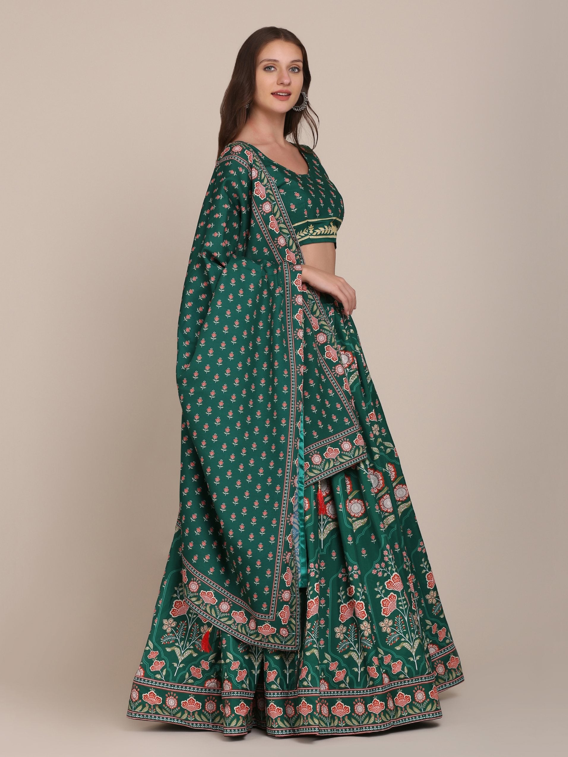 Jyoti Fashion Women's Bottle Green Crepe Floral Printed Lehenga Choli with Dupatta - Distacart