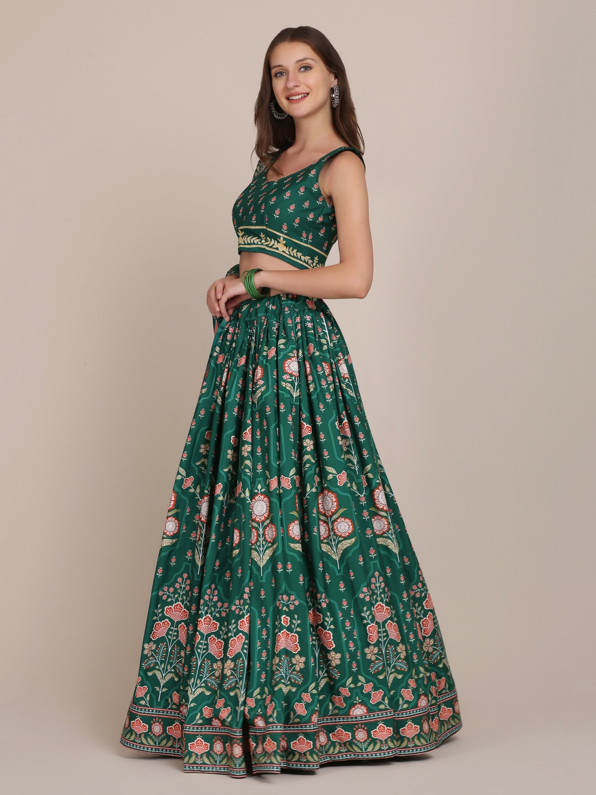 Jyoti Fashion Women's Bottle Green Crepe Floral Printed Lehenga Choli with Dupatta - Distacart