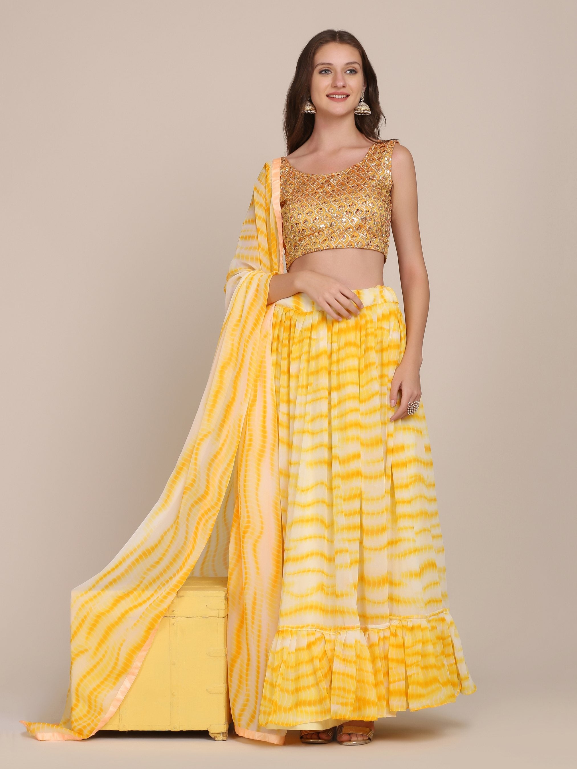 Jyoti Fashion Women's Yellow Georgette Shibori Print Work Lehenga Choli with Dupatta - Distacart