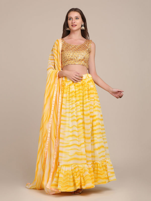 Jyoti Fashion Women's Yellow Georgette Shibori Print Work Lehenga Choli with Dupatta - Distacart