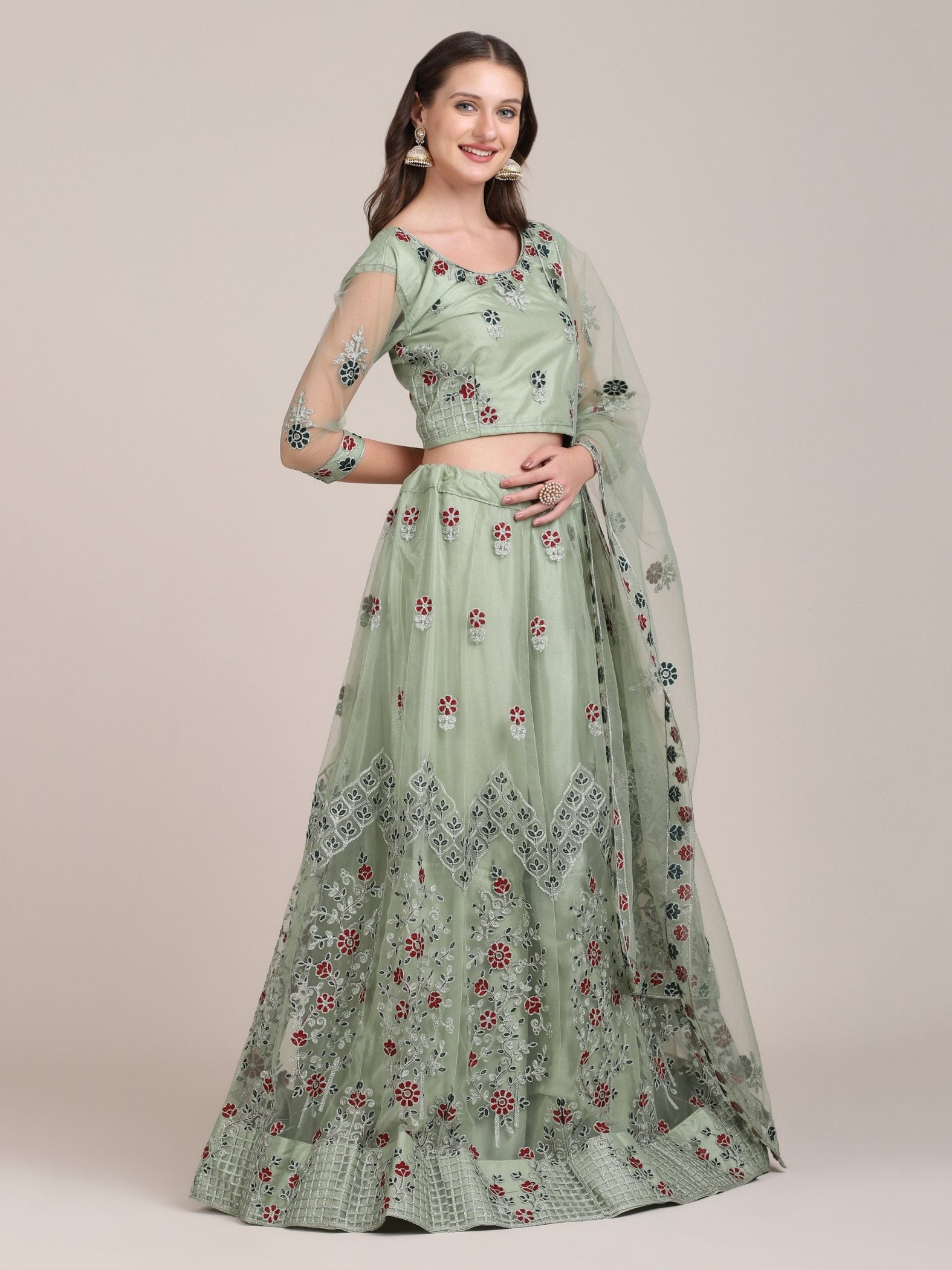 Jyoti Fashion Women's Sea Green Net Thread Embroidered Lehenga Choli with Dupatta - Distacart