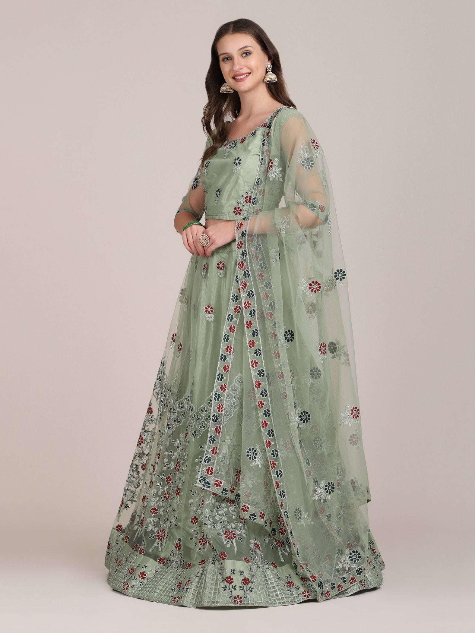 Jyoti Fashion Women's Sea Green Net Thread Embroidered Lehenga Choli with Dupatta - Distacart
