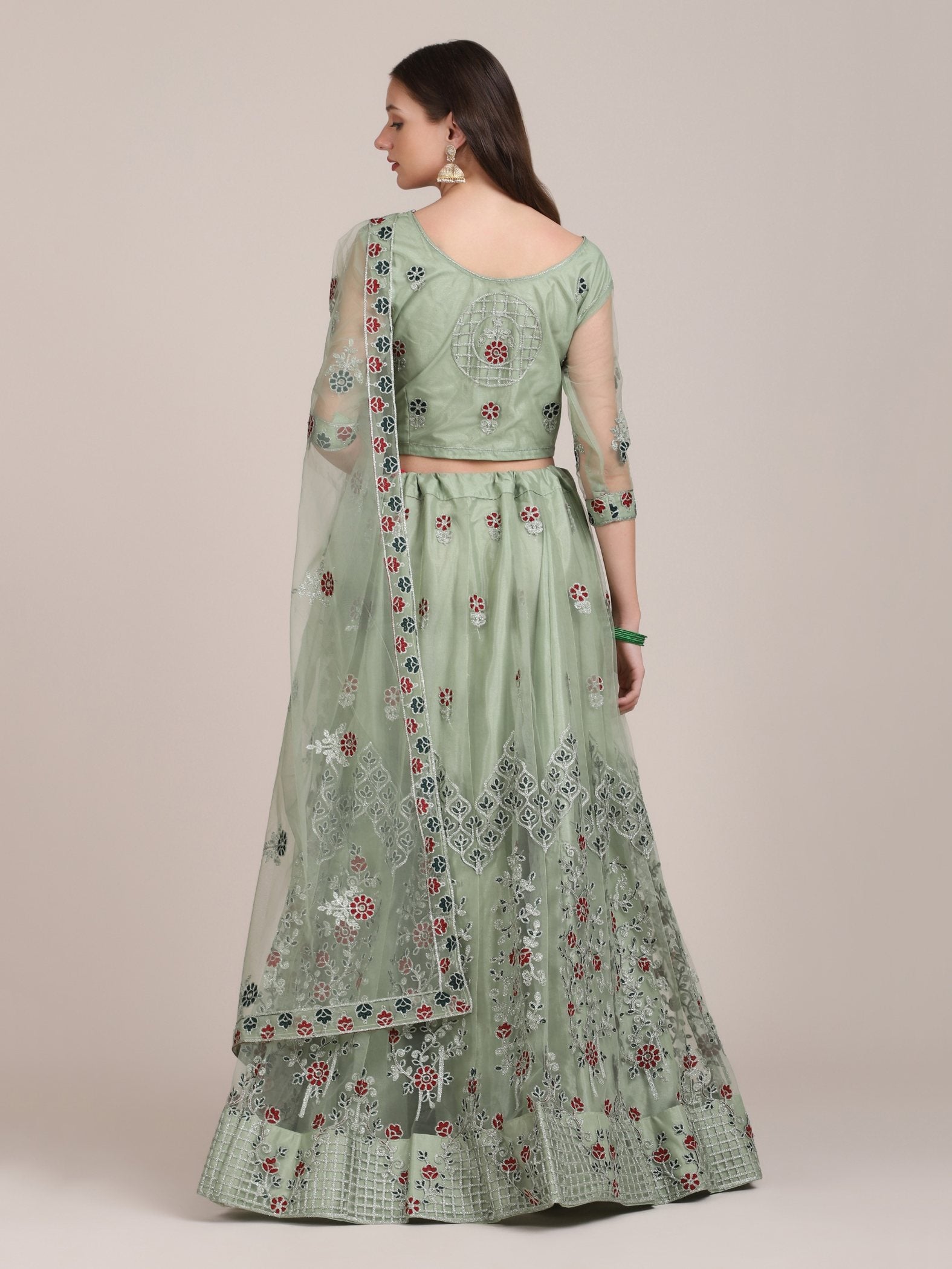 Jyoti Fashion Women's Sea Green Net Thread Embroidered Lehenga Choli with Dupatta - Distacart