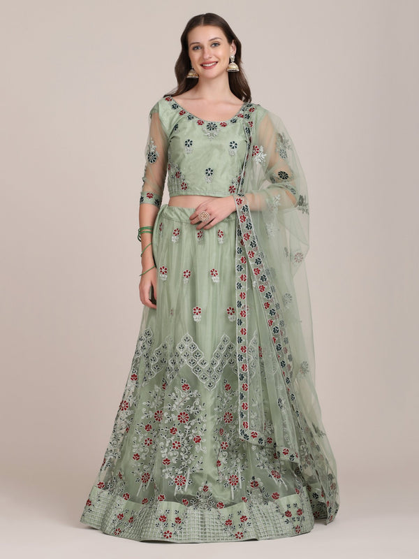 Jyoti Fashion Women's Sea Green Net Thread Embroidered Lehenga Choli with Dupatta - Distacart