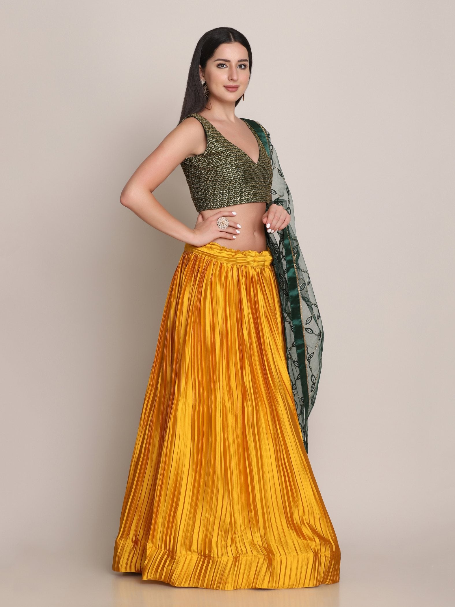 Jyoti Fashion Women's Yellow Satin Silk Platted Work Lehenga Choli with Dupatta - Distacart