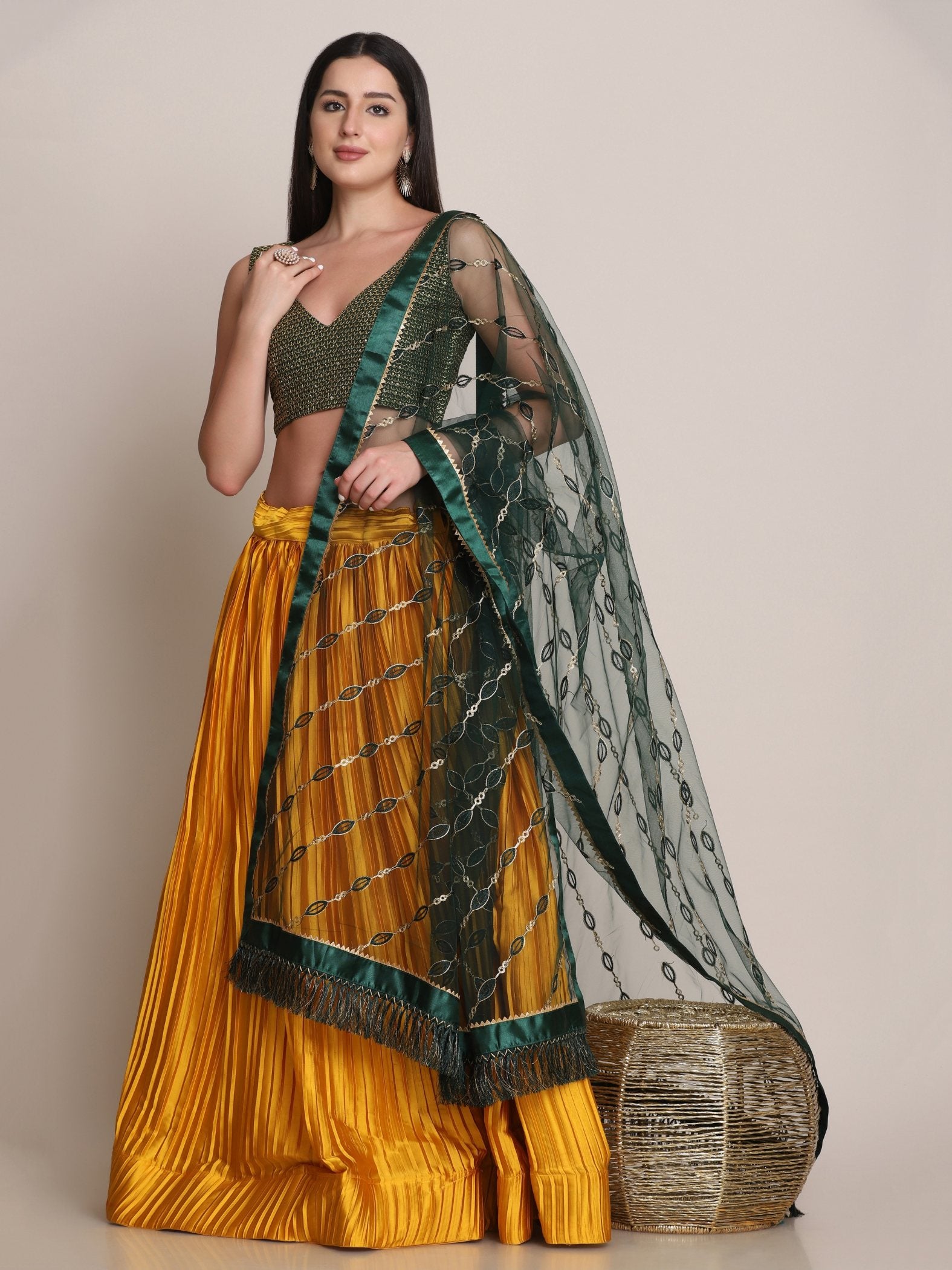 Jyoti Fashion Women's Yellow Satin Silk Platted Work Lehenga Choli with Dupatta - Distacart