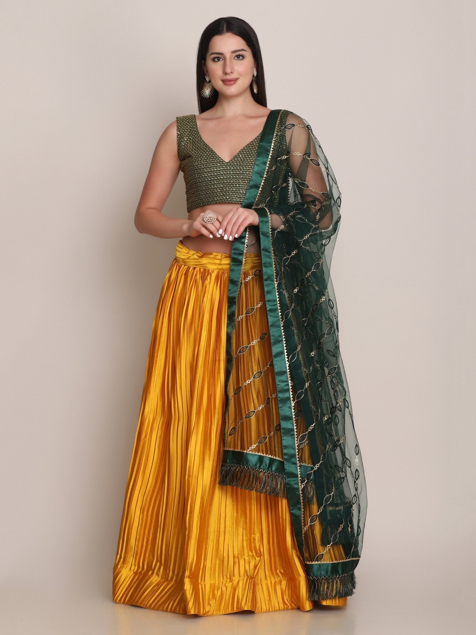 Jyoti Fashion Women's Yellow Satin Silk Platted Work Lehenga Choli with Dupatta - Distacart