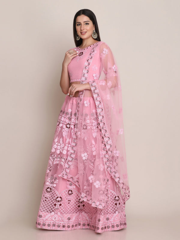 Jyoti Fashion Women's Light Pink Net Thread Embroidered Lehenga Choli with Dupatta - Distacart