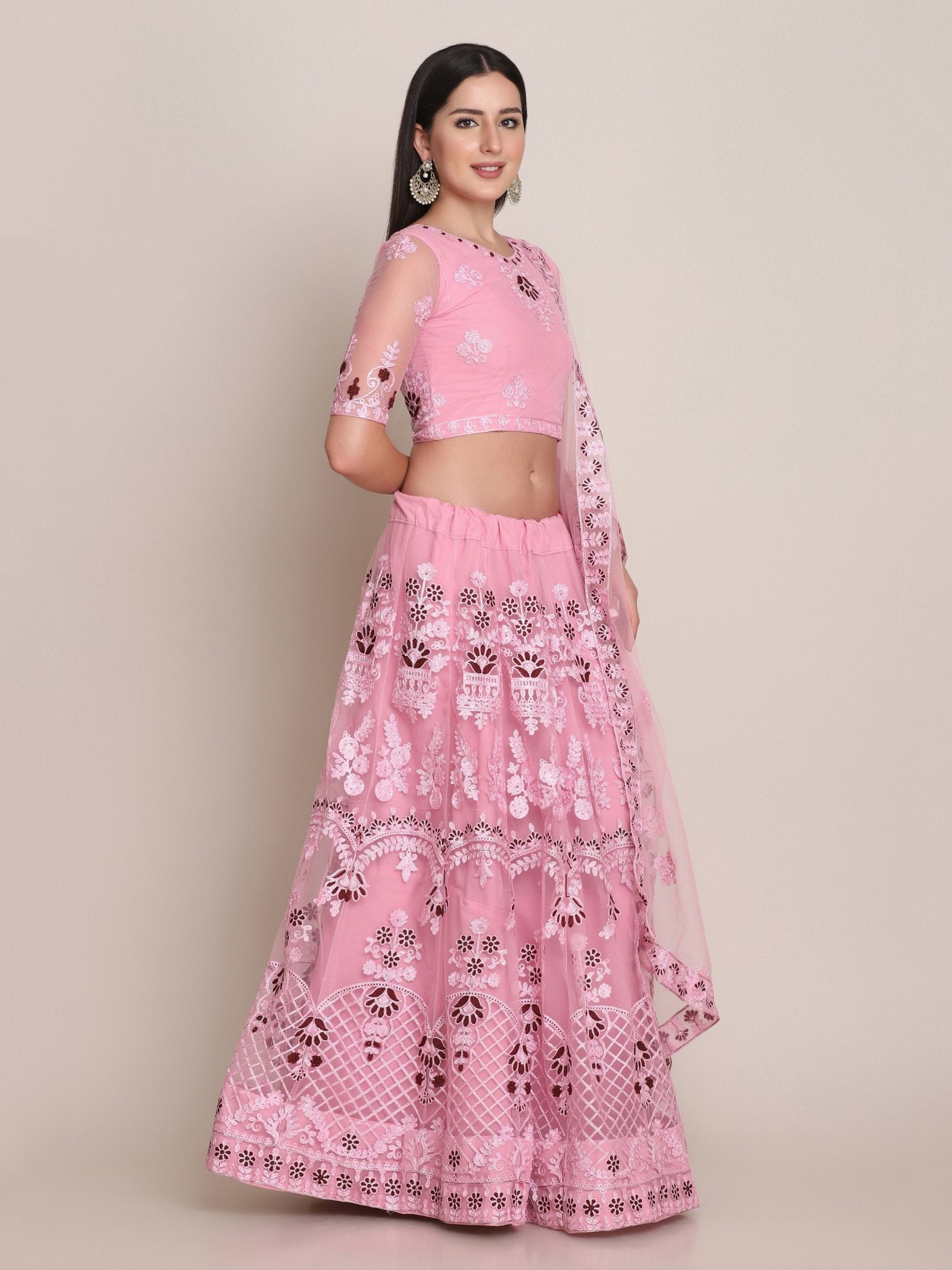 Jyoti Fashion Women's Light Pink Net Thread Embroidered Lehenga Choli with Dupatta - Distacart