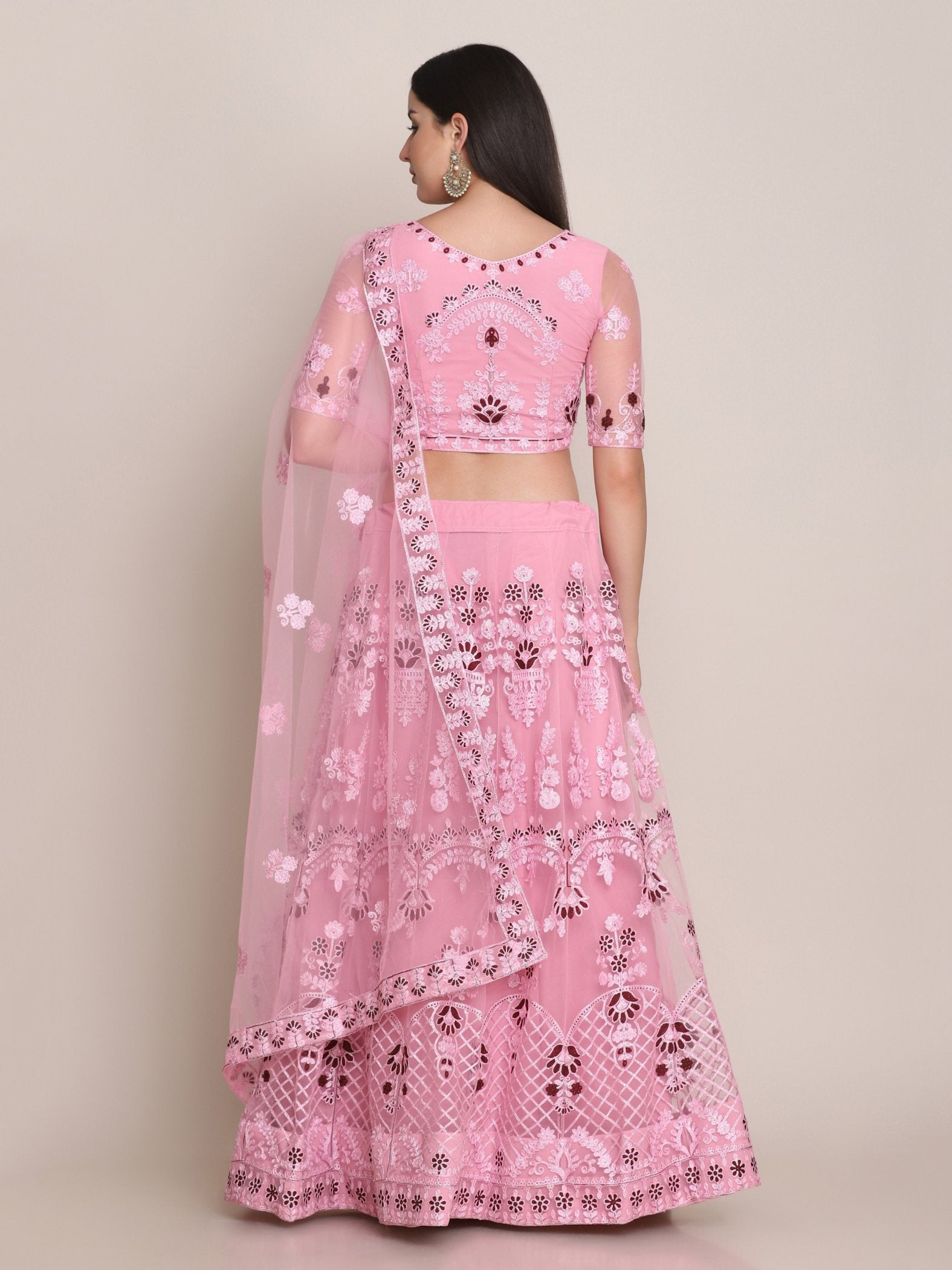Jyoti Fashion Women's Light Pink Net Thread Embroidered Lehenga Choli with Dupatta - Distacart