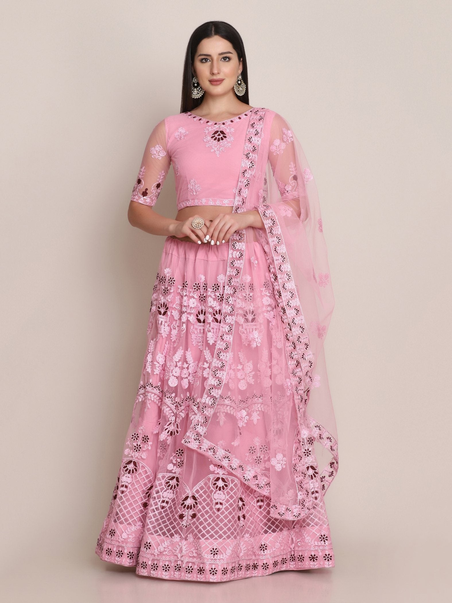 Jyoti Fashion Women's Light Pink Net Thread Embroidered Lehenga Choli with Dupatta - Distacart