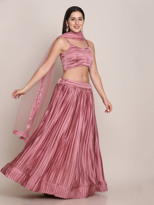 Jyoti Fashion Women's Dusty Pink Satin Silk Platted Work Lehenga Choli with Dupatta - Distacart