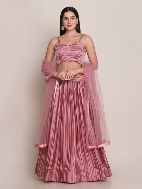 Jyoti Fashion Women's Dusty Pink Satin Silk Platted Work Lehenga Choli with Dupatta - Distacart