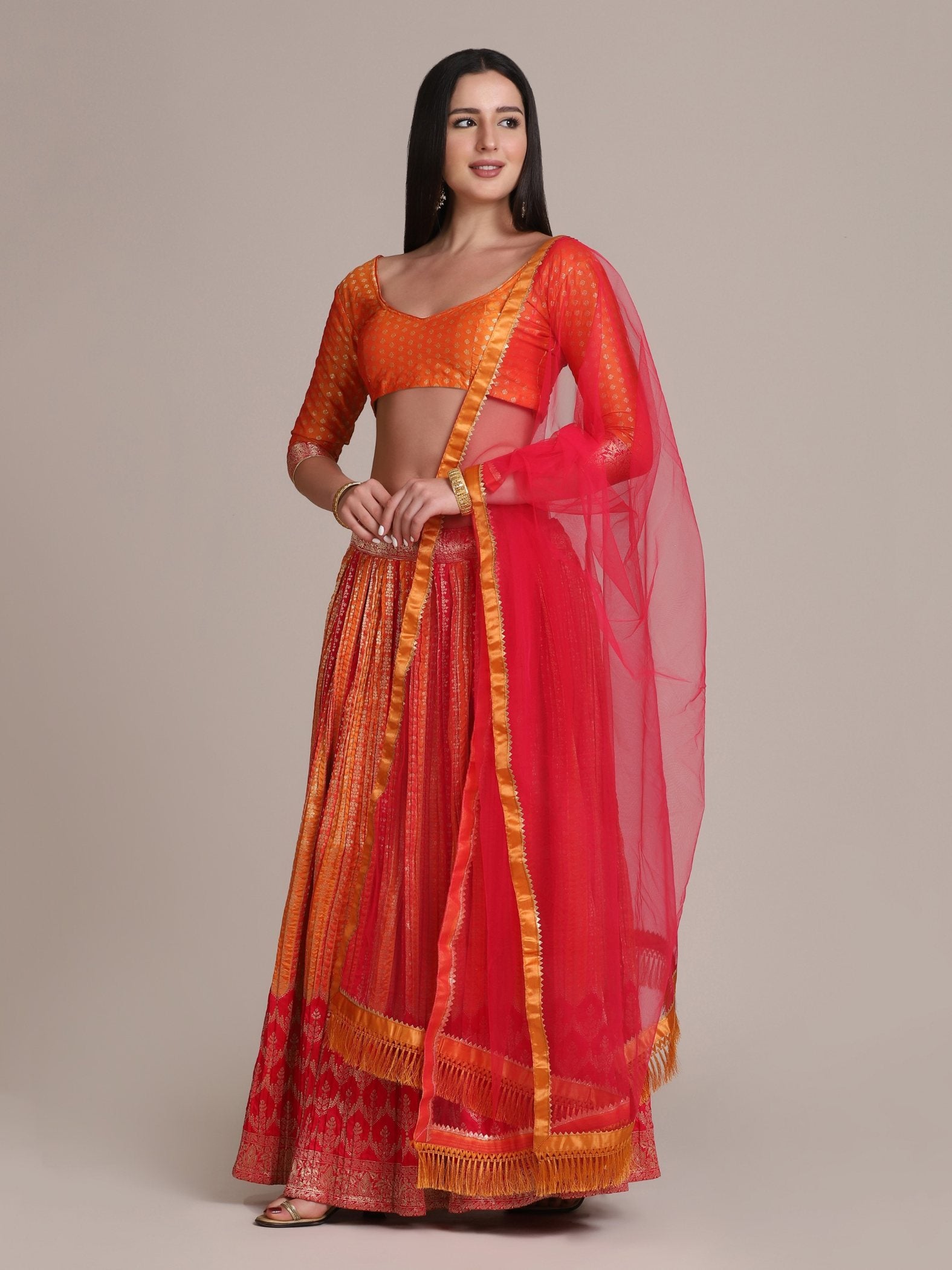 Jyoti Fashion Women's Orange Silk Blend Zari Woven Lehenga Choli with Dupatta - Distacart