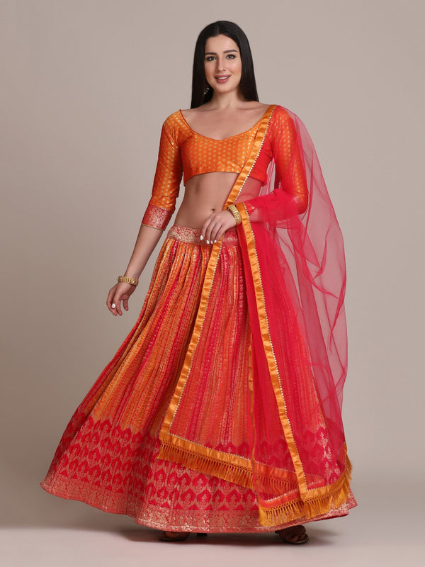 Jyoti Fashion Women's Orange Silk Blend Zari Woven Lehenga Choli with Dupatta - Distacart