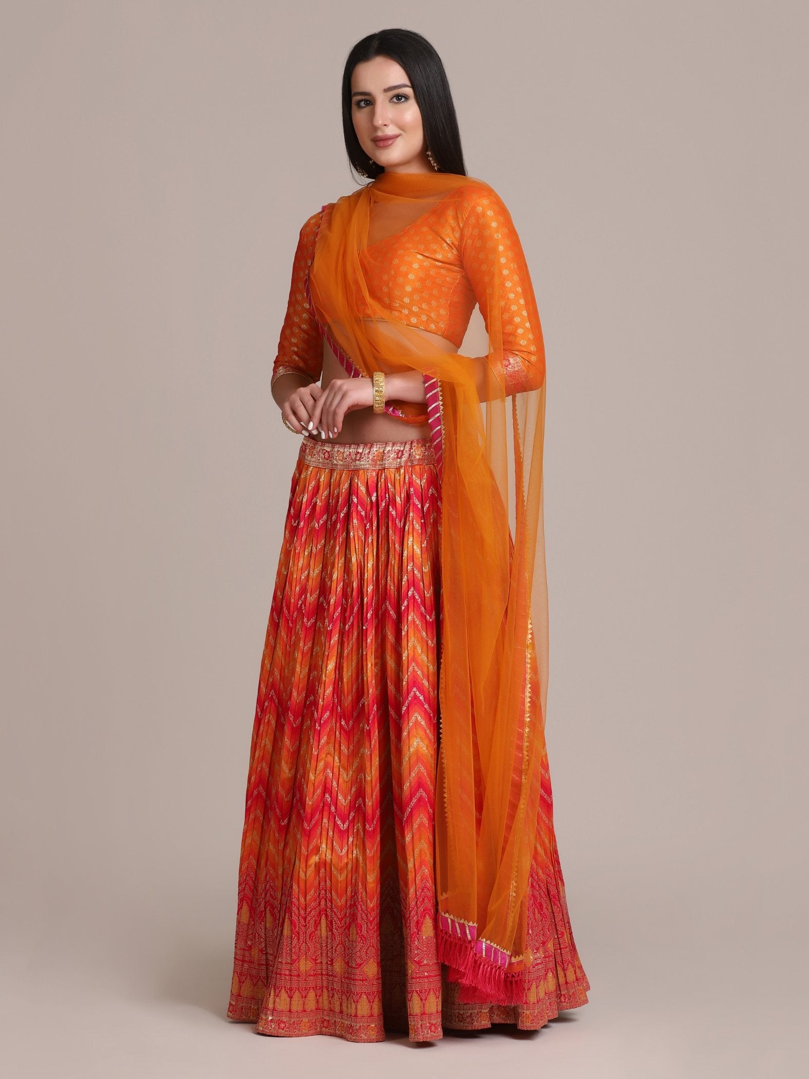Jyoti Fashion Women's Orange Silk Blend Zari Woven Lehenga Choli with Dupatta - Distacart